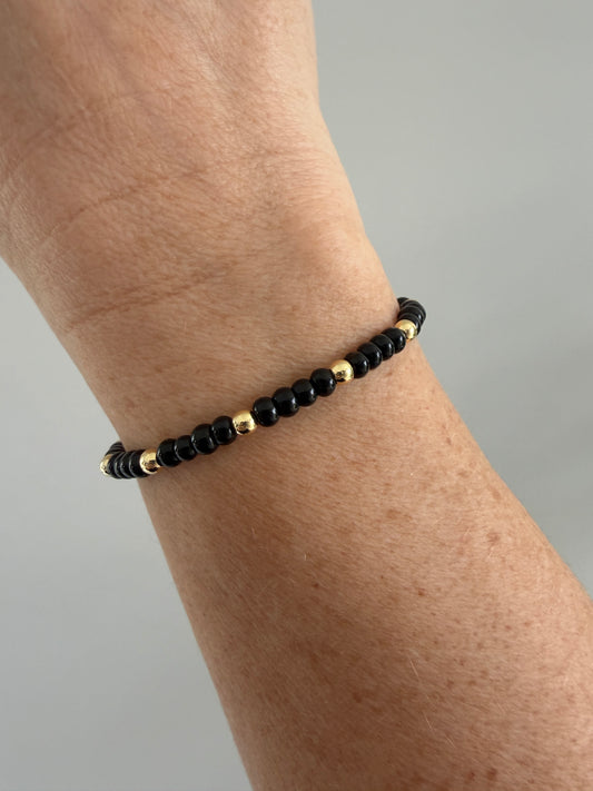 18K gold-filled beaded bracelet with black bead accents