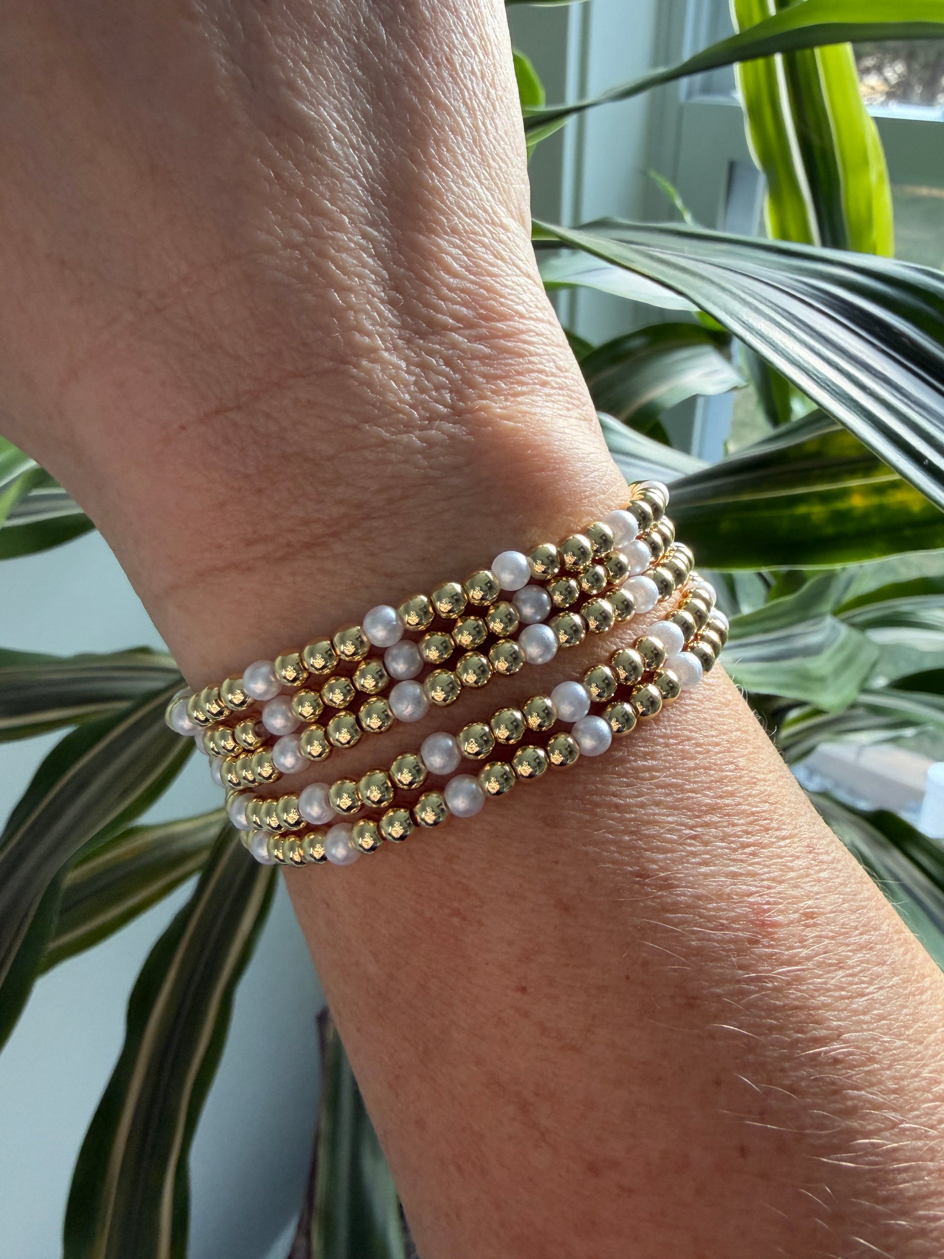 gold filled and pearls stack of beaded bracelets