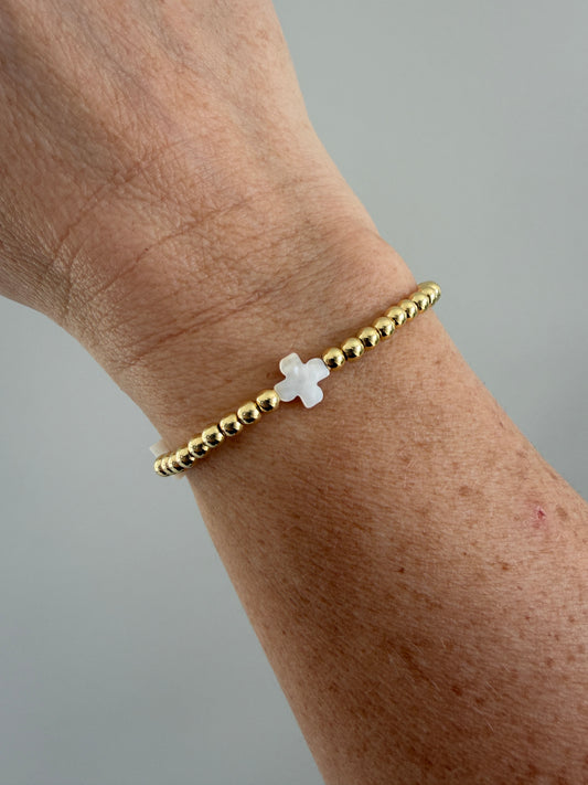 18k gold-filled beaded bracelet with small white cross designs, handmade faith jewelry