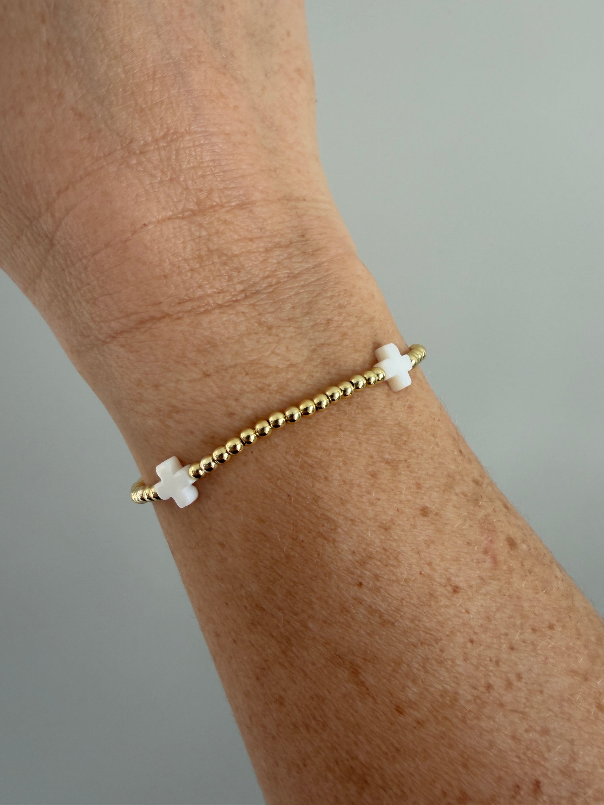 18k gold-filled beaded bracelet with small white cross designs, handmade faith jewelry